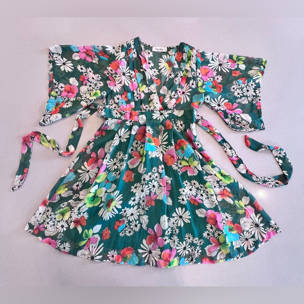 Floral Sheer Dress Lined Skirt Sz Medium Vintage Vibes Tie Waist Side Zip